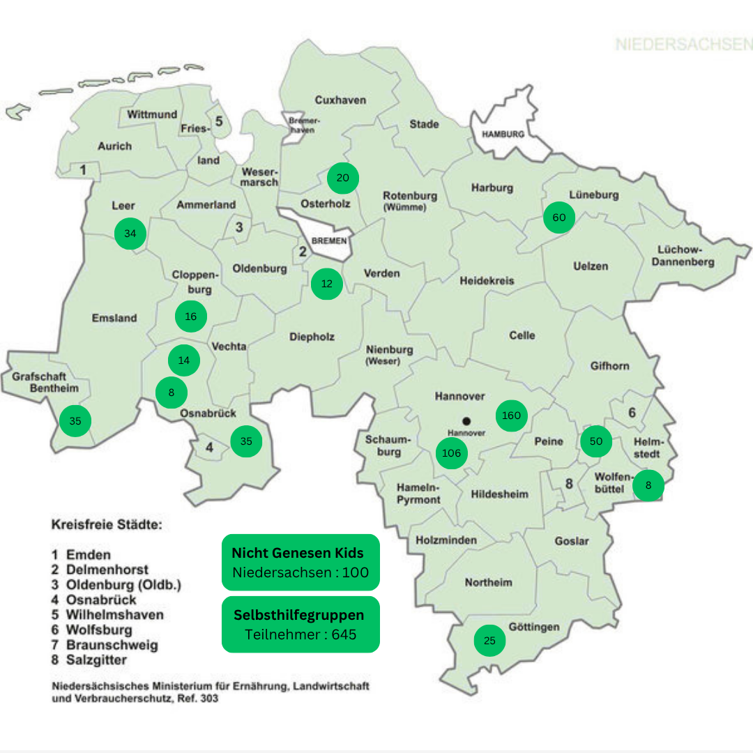 Karte der Selbsthilfegruppen in Niedersachsen mit Teilnehmerzahlen je Standort