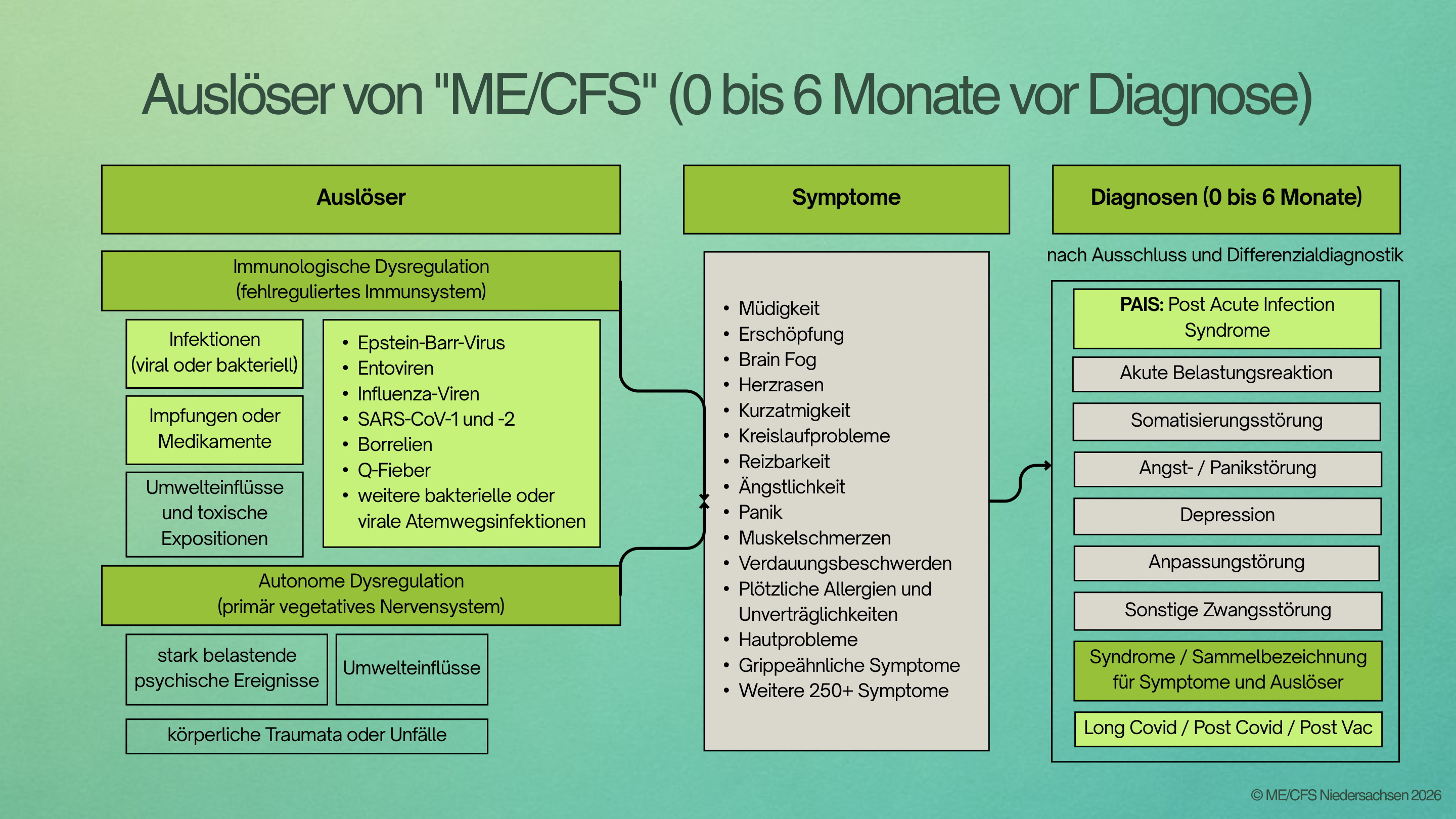 Folie 6: Auslöser von ME/CFS (0 bis 6 Monate vor Diagnose) – Diagramm mit Auslösern, Symptomen und Diagnosen